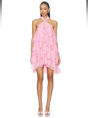 elliatt poppy pink tiered halter neck ruffle lace mini dress size small NEW